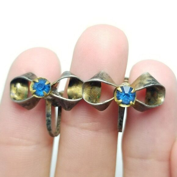 Vintage Sterling Silver Blue Rhinestone Bow Shape Clip On Screw Back Earrings - Picture 1 of 7
